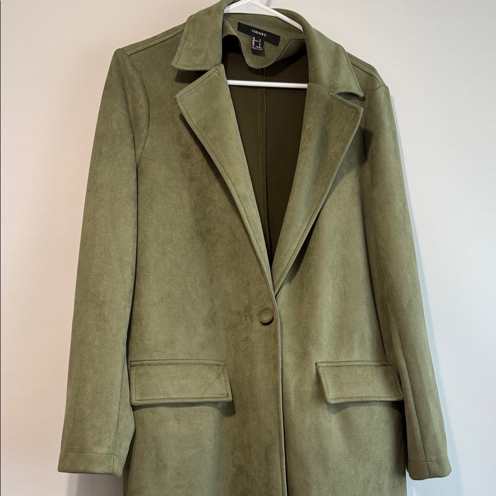 Forever 21 Olive Green Suede-Look Single-Button Trench Coat